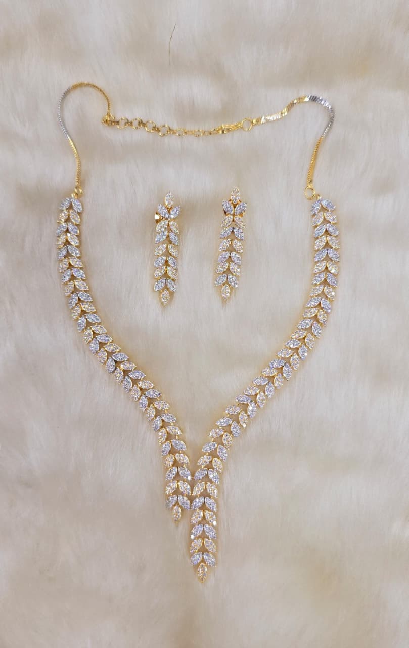 Sparkling Leaf Design Necklace Set with Matching Earrings | American Diamond | Sparkling Crystal Indian Necklace Set | Traditional Indian Jewellery
