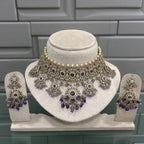 Luxury Mint Green Kundan Choker Pearl Detailing Necklace Set with Beads & Earrings