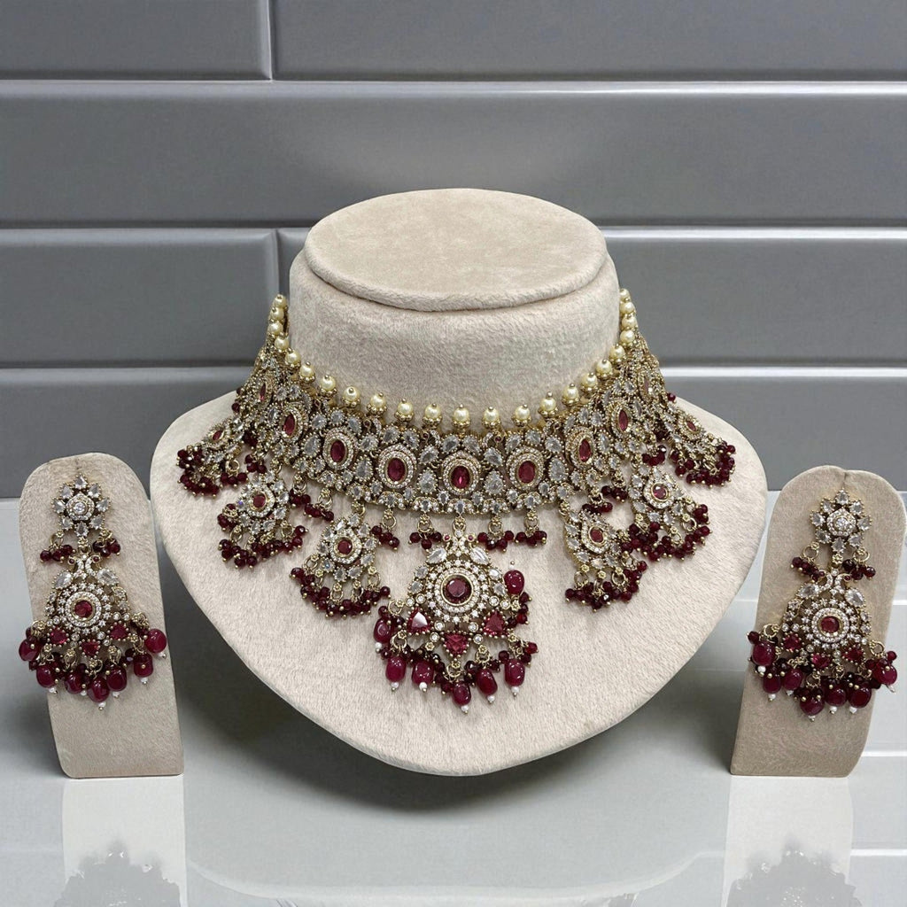 Luxury Mint Green Kundan Choker Pearl Detailing Necklace Set with Beads & Earrings