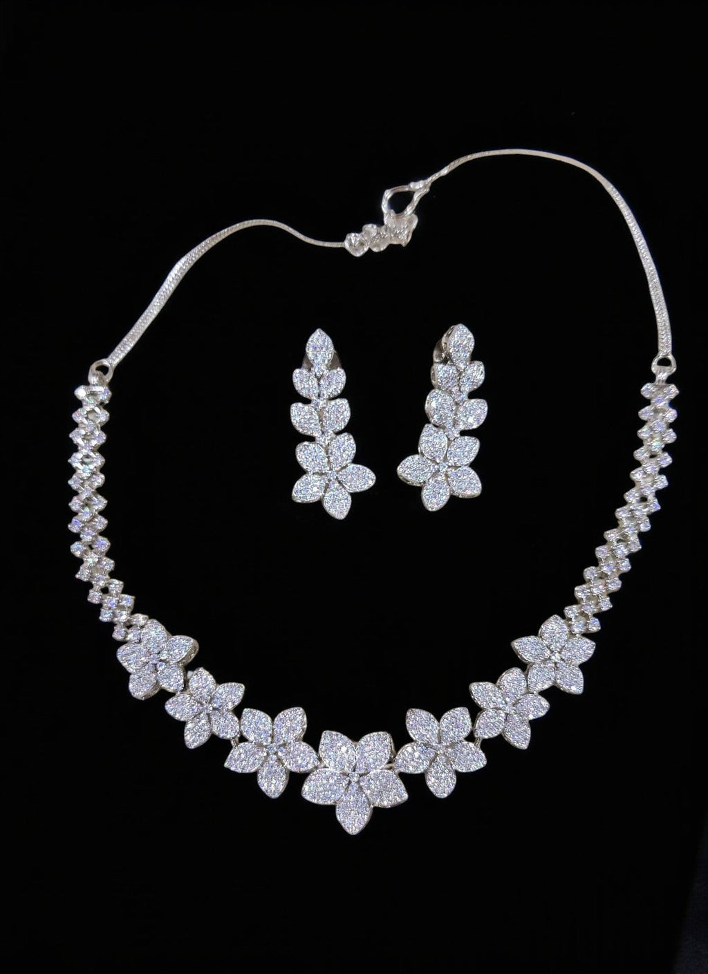 Sparkling Floral American Diamond Necklace Set with Matching Earrings | Sparkling Crystal Indian Necklace Set | Traditional Indian Jewellery