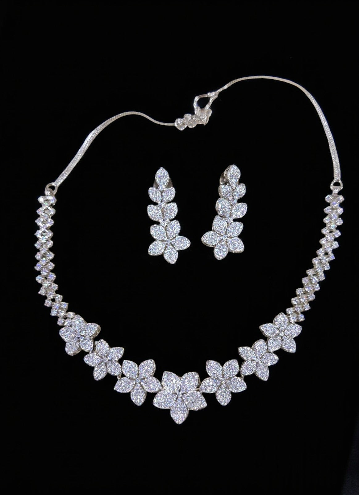 Sparkling Floral American Diamond Necklace Set with Matching Earrings | Sparkling Crystal Indian Necklace Set | Traditional Indian Jewellery