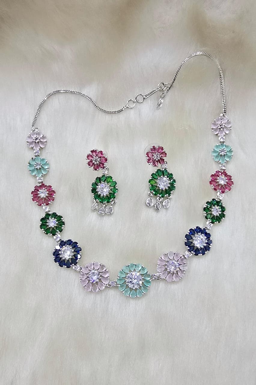 Bridal Stone Necklace Jewellery Set | Silver-Plated Base | Traditional Indian Necklace Set | Indian Jewellery for Brides