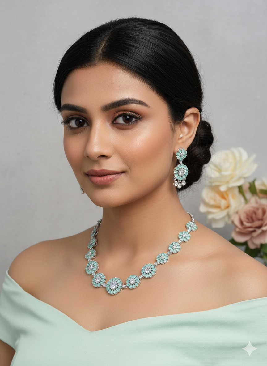 Bridal Stone Necklace Jewellery Set | Silver-Plated Base | Traditional Indian Necklace Set | Indian Jewellery for Brides