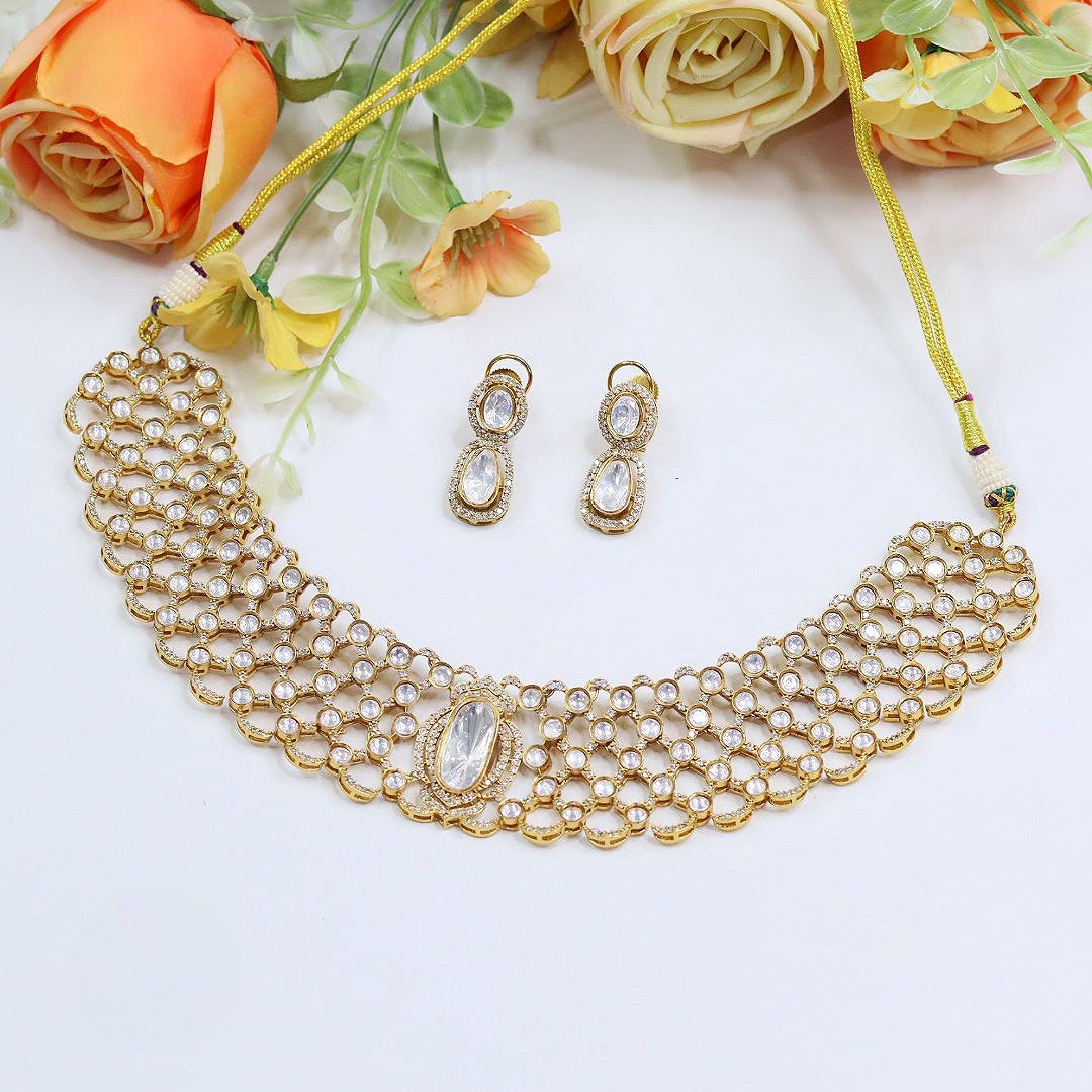 Bridal Bollywood Aditi Rao Inspired Polki Choker Jewellery Set – Indian Necklace Set with Kundan Polki Design | Traditional Indian Wedding Jewellery