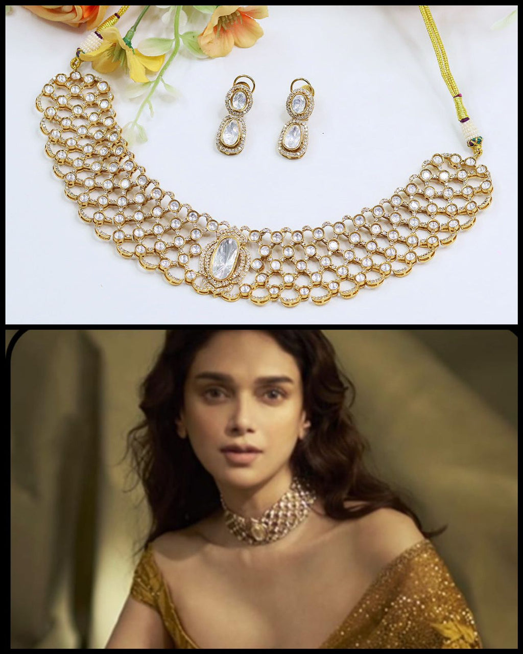Bridal Bollywood Aditi Rao Inspired Polki Choker Jewellery Set – Indian Necklace Set with Kundan Polki Design | Traditional Indian Wedding Jewellery