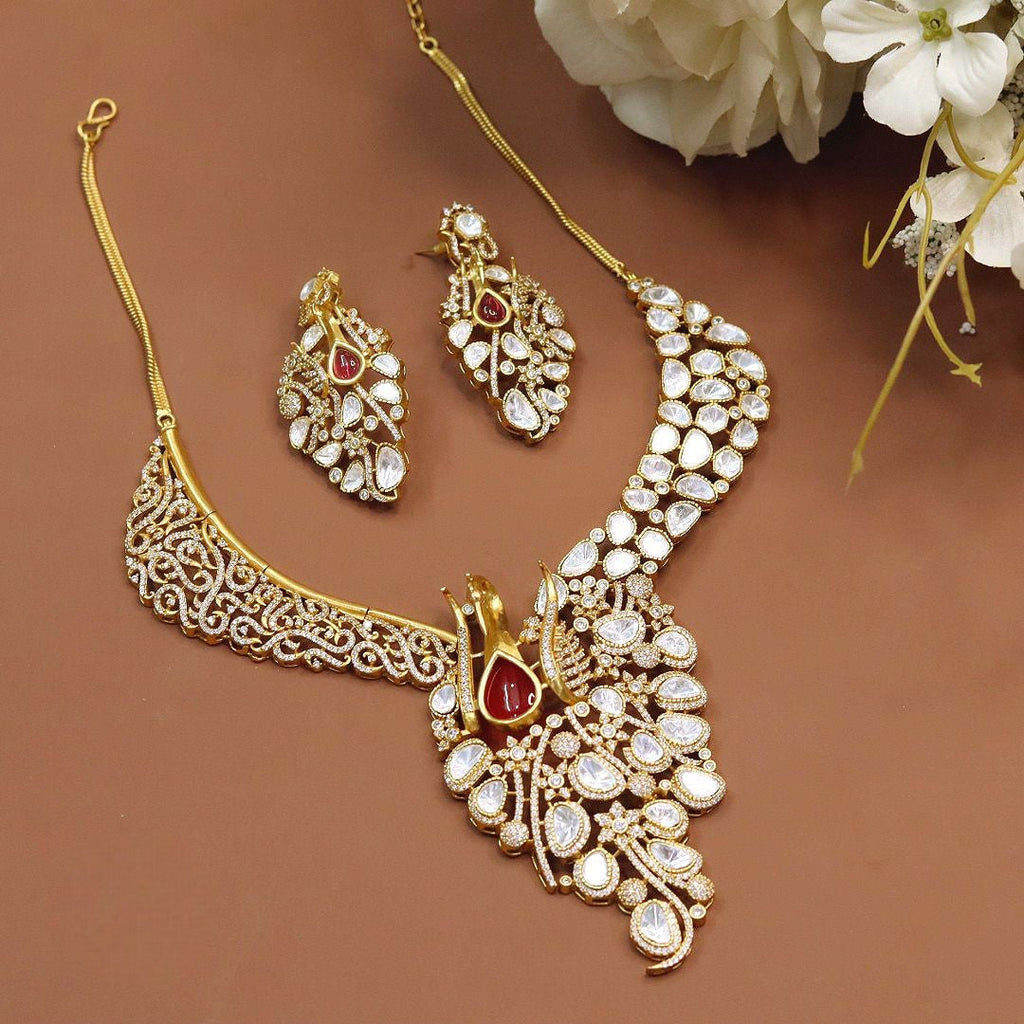 Bridal Peacock-Inspired Jewellery Set – Indian Necklace Set with Kundan Polki Design & Earrings | Traditional Indian Wedding Jewellery