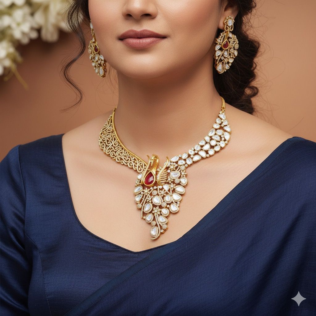 Bridal Peacock-Inspired Jewellery Set – Indian Necklace Set with Kundan Polki Design & Earrings | Traditional Indian Wedding Jewellery