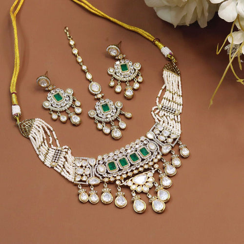 Bridal Kundan Pearl Polki Jewellery Set – Indian Necklace Set, Bridal Choker with Maang Tikka & Earrings | Traditional Kundan Polki Indian Wedding Jewellery