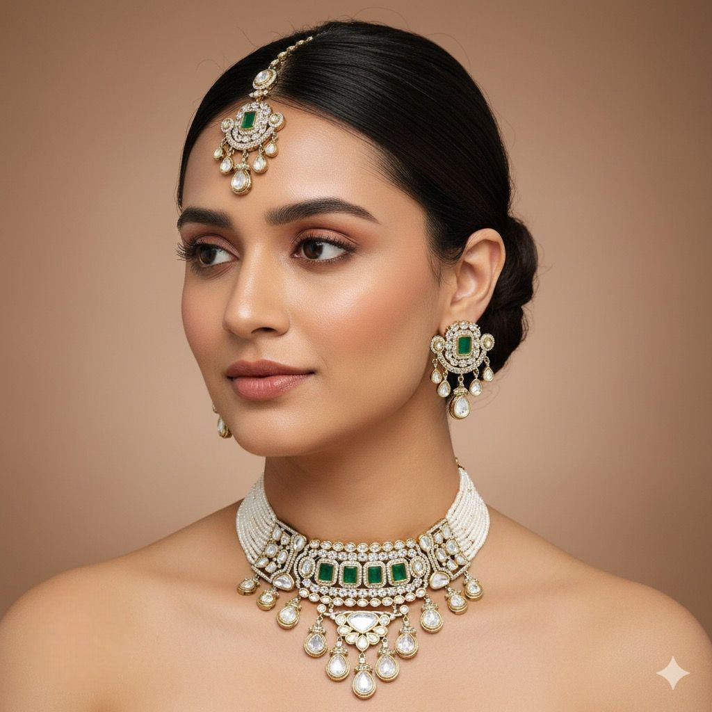 Bridal Kundan Pearl Polki Jewellery Set – Indian Necklace Set, Bridal Choker with Maang Tikka & Earrings | Traditional Kundan Polki Indian Wedding Jewellery