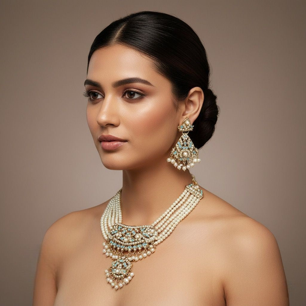 Bridal Meenakari Jadau Necklace Jewellery Set – Indian Pearls Choker with Earrings | Traditional Bridal Choker Indian Necklace Set