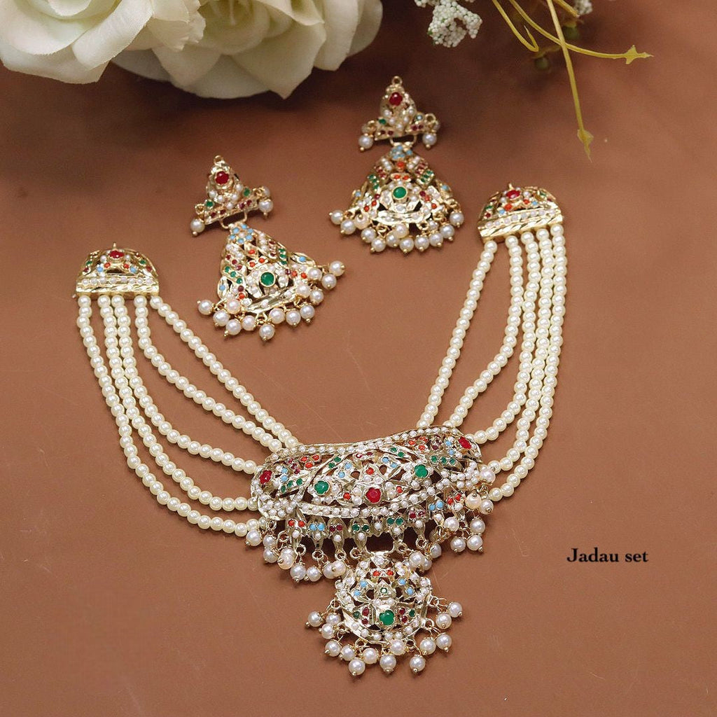 Bridal Meenakari Jadau Necklace Jewellery Set – Indian Pearls Choker with Earrings | Traditional Bridal Choker Indian Necklace Set