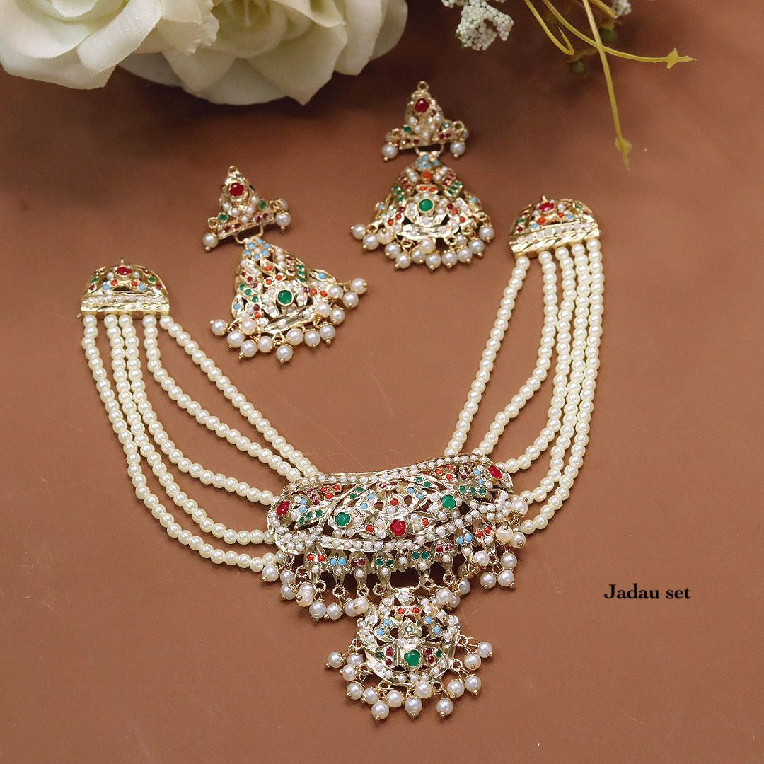 Bridal Meenakari Jadau Necklace Jewellery Set – Indian Pearls Choker with Earrings | Traditional Bridal Choker Indian Necklace Set