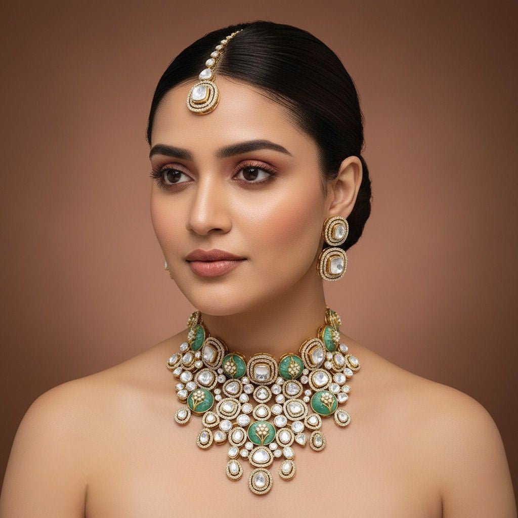 Bridal Handcrafted Kundan & Polki Jewellery Set – Indian Choker Necklace Set with Maang Tikka & Earrings | Traditional Kundan Polki Indian Wedding Jewellery
