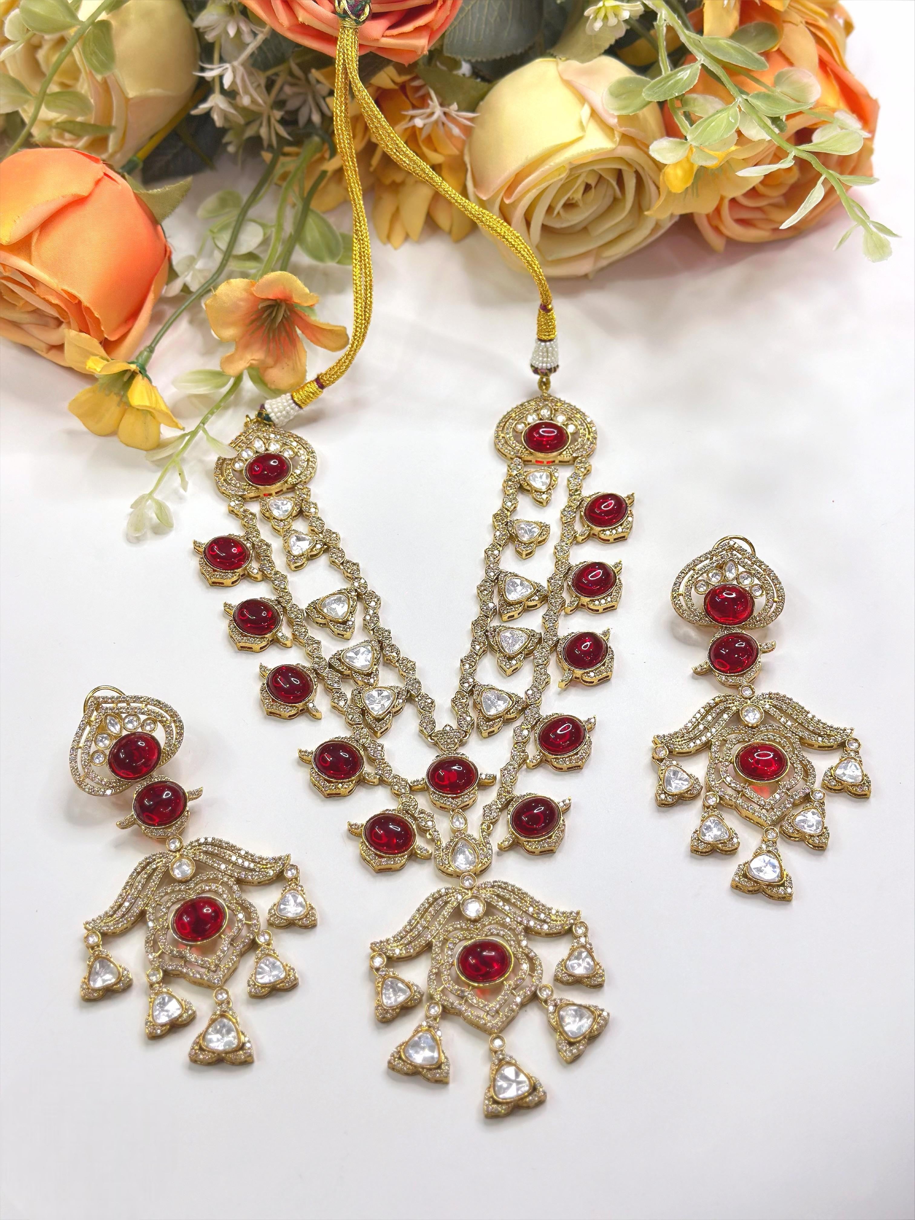 Stone Long Necklace Bridal Jewellery Set – Indian Necklace Set, Kundan Stone Haar with Earrings | Traditional Indian Wedding Jewellery