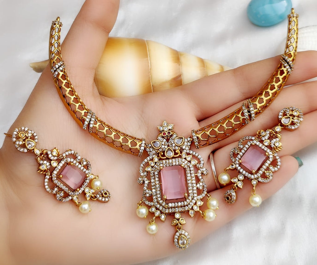 Diamond-Look Bridal Jewellery Set – Indian Necklace Set with Pearl Drops & Kundan Stone Design | Earrings Included | Traditional Indian Wedding Jewellery