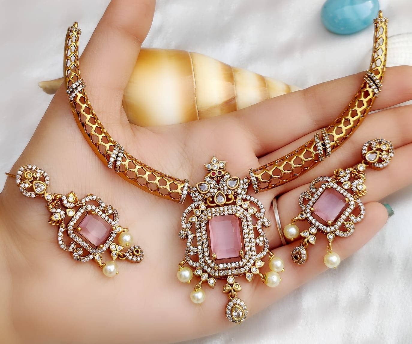 Diamond-Look Bridal Jewellery Set – Indian Necklace Set with Pearl Drops & Kundan Stone Design | Earrings Included | Traditional Indian Wedding Jewellery