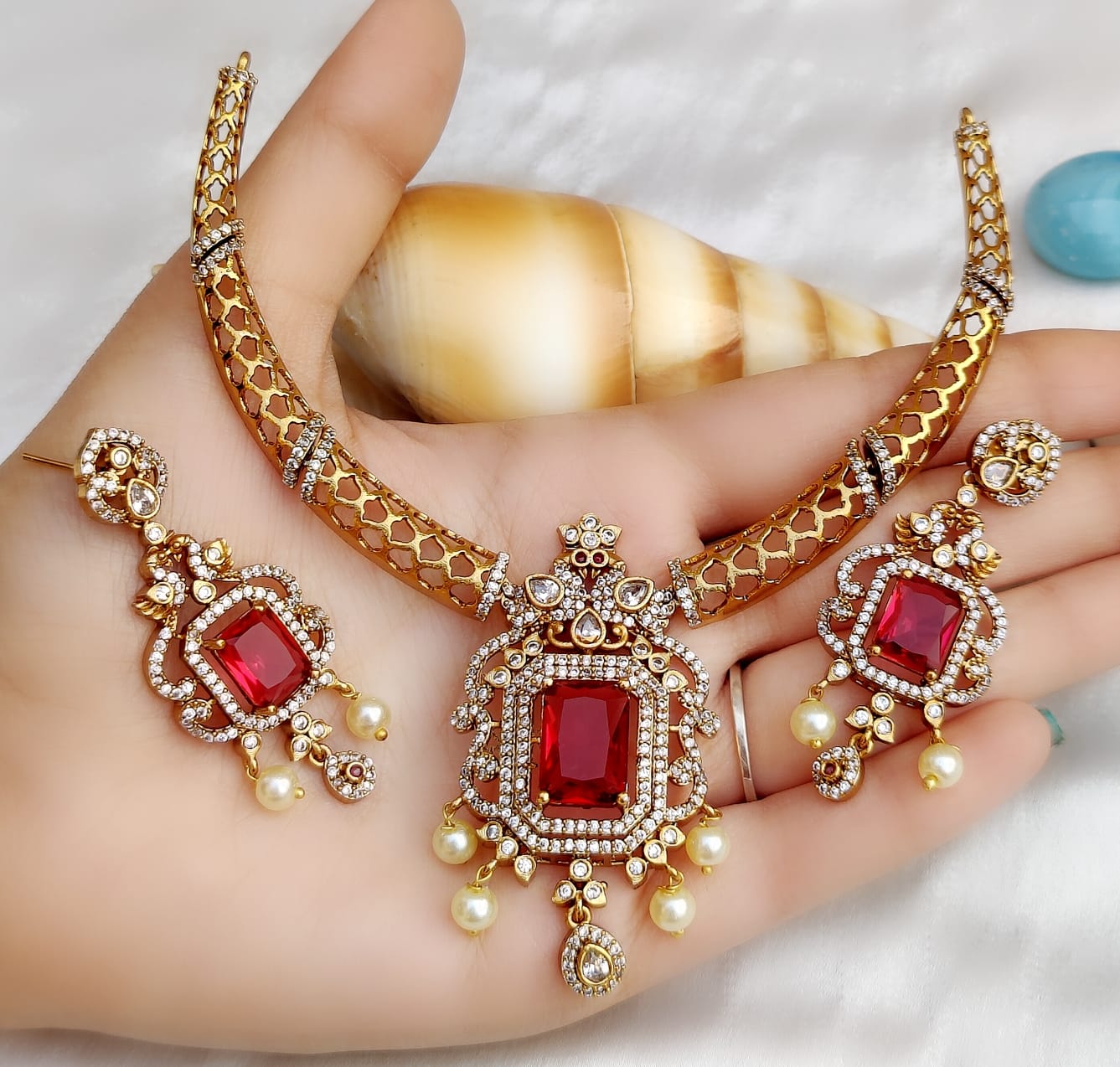 Diamond-Look Bridal Jewellery Set – Indian Necklace Set with Pearl Drops & Kundan Stone Design | Earrings Included | Traditional Indian Wedding Jewellery