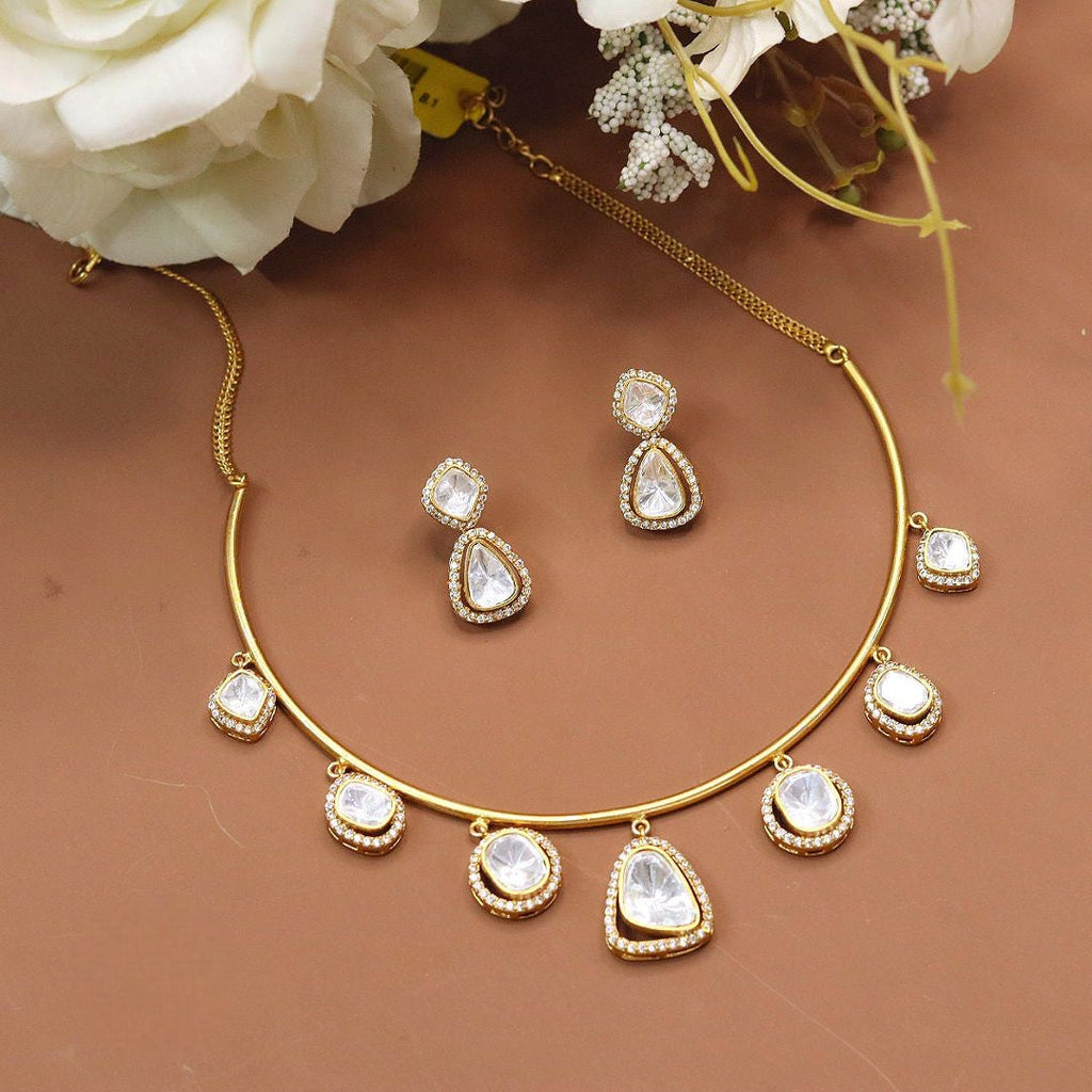 Diamond-Look Jewellery Set – Indian Necklace Set with Pearl Drops & Kundan Polki Design | Earrings Included | Traditional Indian Wedding Jewellery