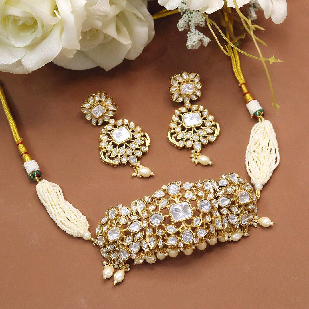 Bridal Kundan Pearl Beaded Jewellery Set – Indian Choker Necklace Set with Pearl Drops & Polki Kundan Design | Traditional Indian Wedding Jewellery