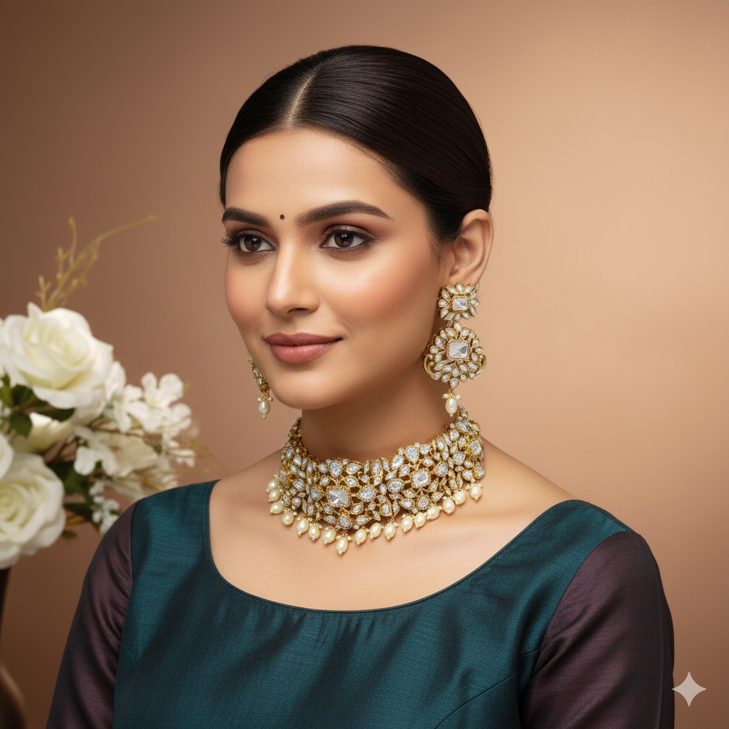 Bridal Kundan Pearl Beaded Jewellery Set – Indian Choker Necklace Set with Pearl Drops & Polki Kundan Design | Traditional Indian Wedding Jewellery