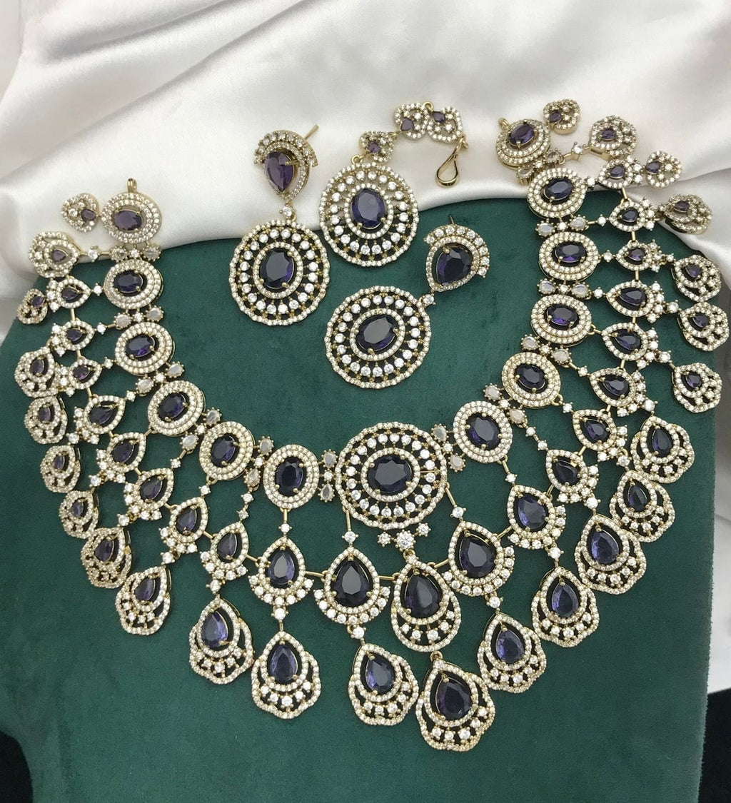 AD Stones Beaded Jewellery Set – Indian Necklace Set, Earrings & Maangtika Set, Elegant Indian Bridal Jewellery