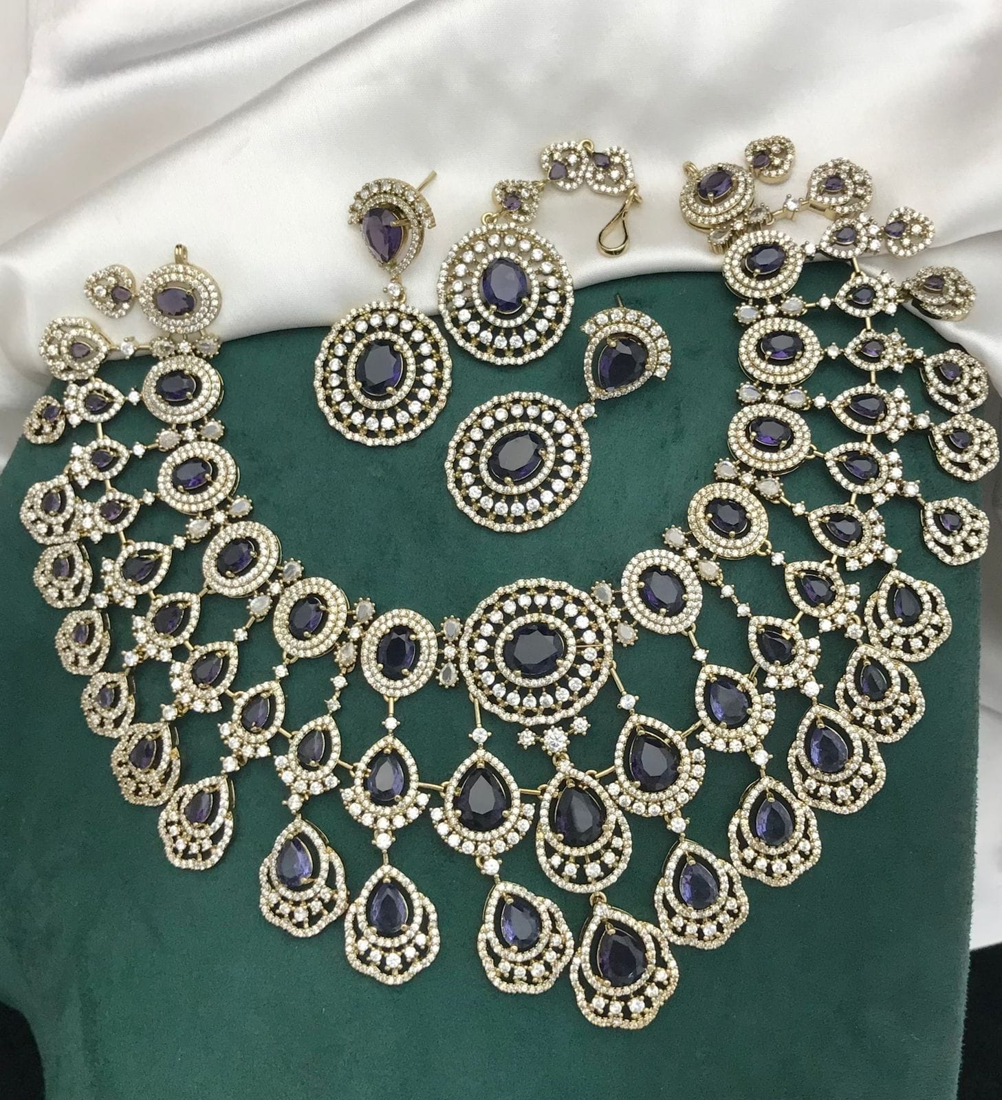 AD Stones Beaded Jewellery Set – Indian Necklace Set, Earrings & Maangtika Set, Elegant Indian Bridal Jewellery