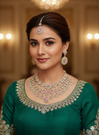 AD Stones Beaded Jewellery Set – Indian Necklace Set, Earrings & Maangtika Set, Elegant Indian Bridal Jewellery