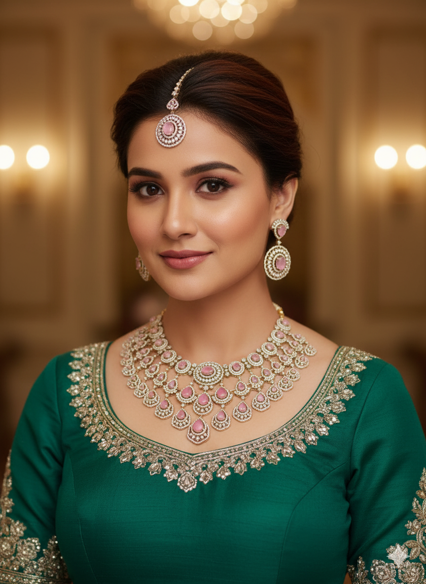 AD Stones Beaded Jewellery Set – Indian Necklace Set, Earrings & Maangtika Set, Elegant Indian Bridal Jewellery