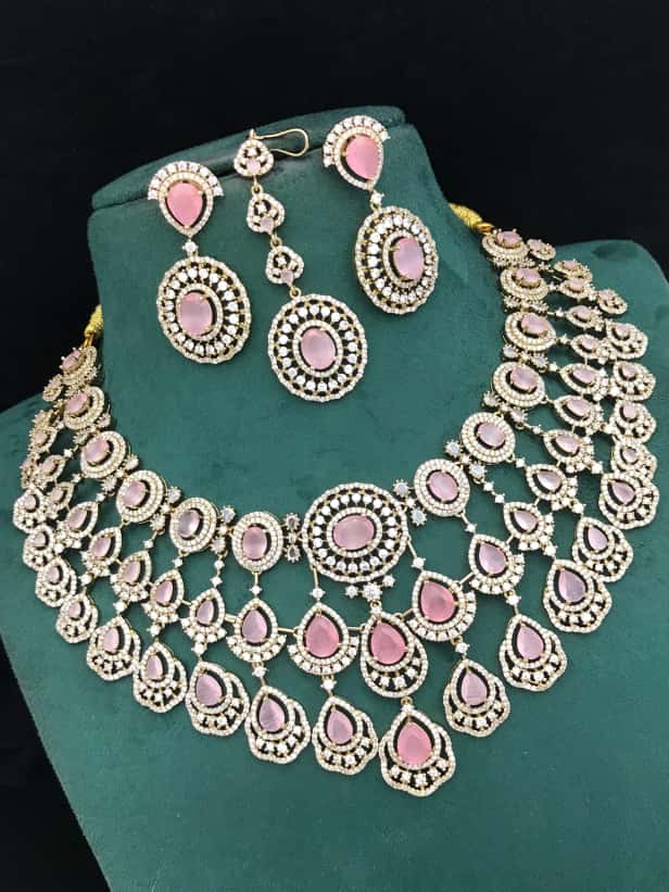 AD Stones Beaded Jewellery Set – Indian Necklace Set, Earrings & Maangtika Set, Elegant Indian Bridal Jewellery