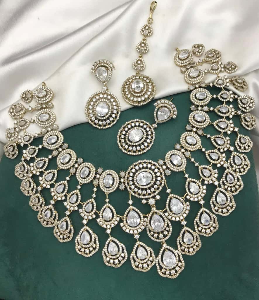 AD Stones Beaded Jewellery Set – Indian Necklace Set, Earrings & Maangtika Set, Elegant Indian Bridal Jewellery