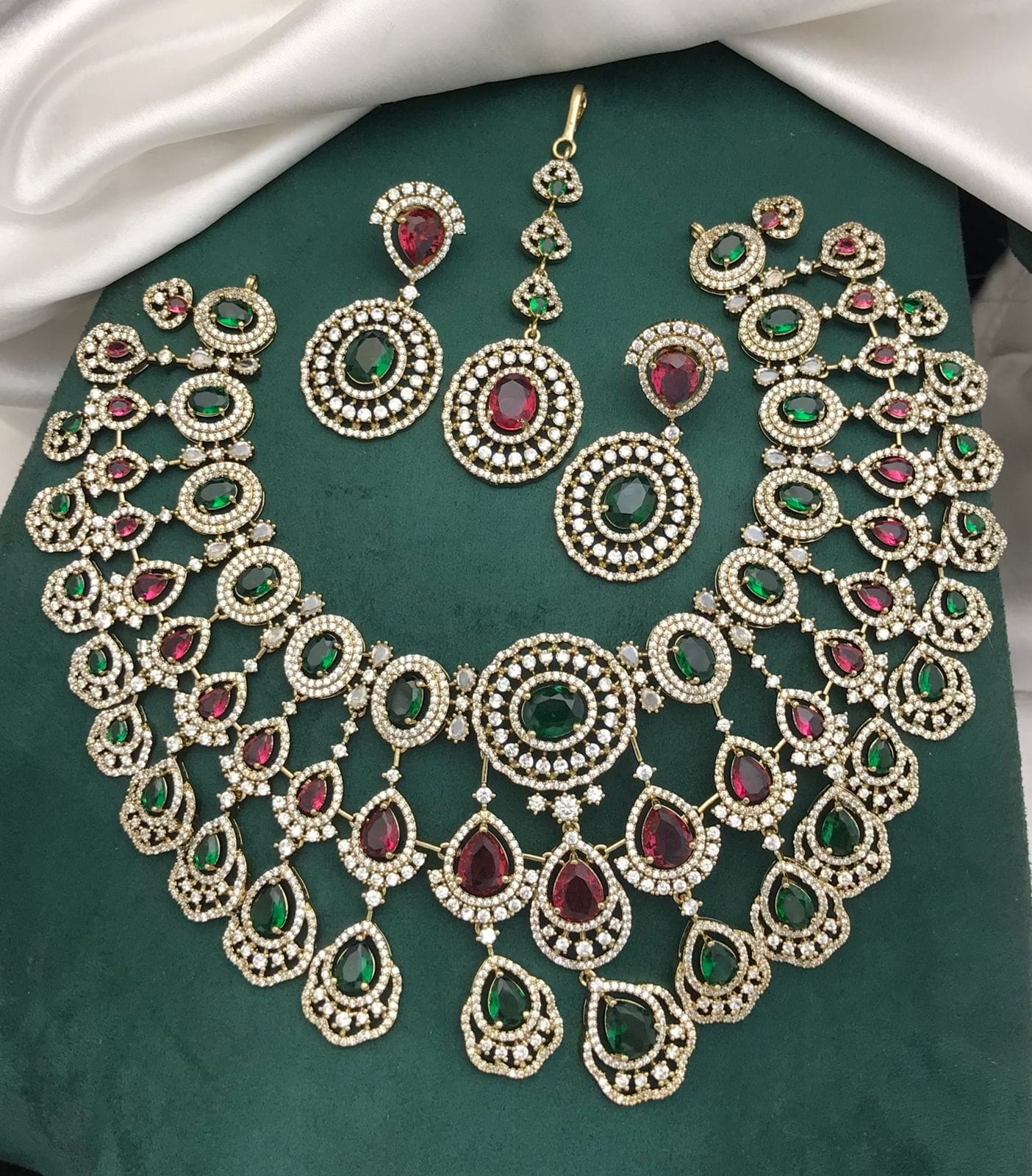 AD Stones Beaded Jewellery Set – Indian Necklace Set, Earrings & Maangtika Set, Elegant Indian Bridal Jewellery