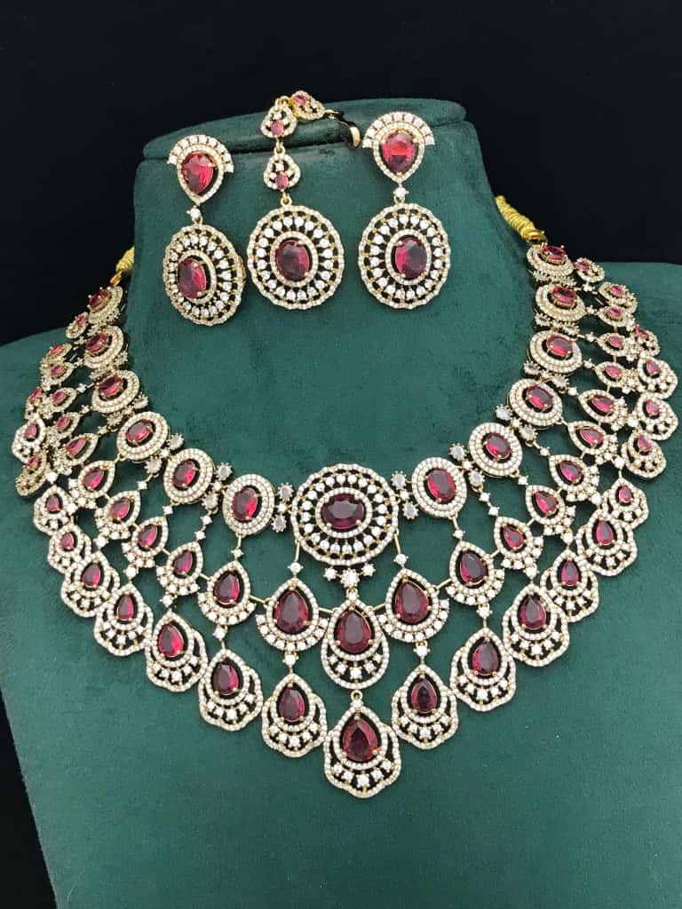 AD Stones Beaded Jewellery Set – Indian Necklace Set, Earrings & Maangtika Set, Elegant Indian Bridal Jewellery