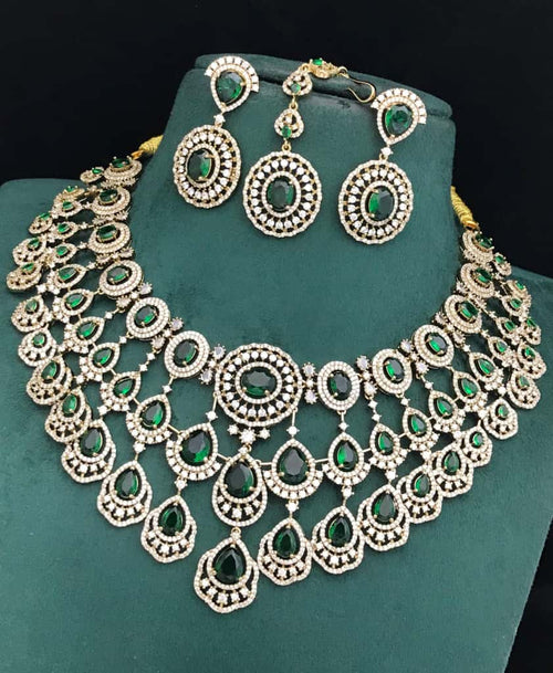 AD Stones Beaded Jewellery Set – Indian Necklace Set, Earrings & Maangtika Set, Elegant Indian Bridal Jewellery