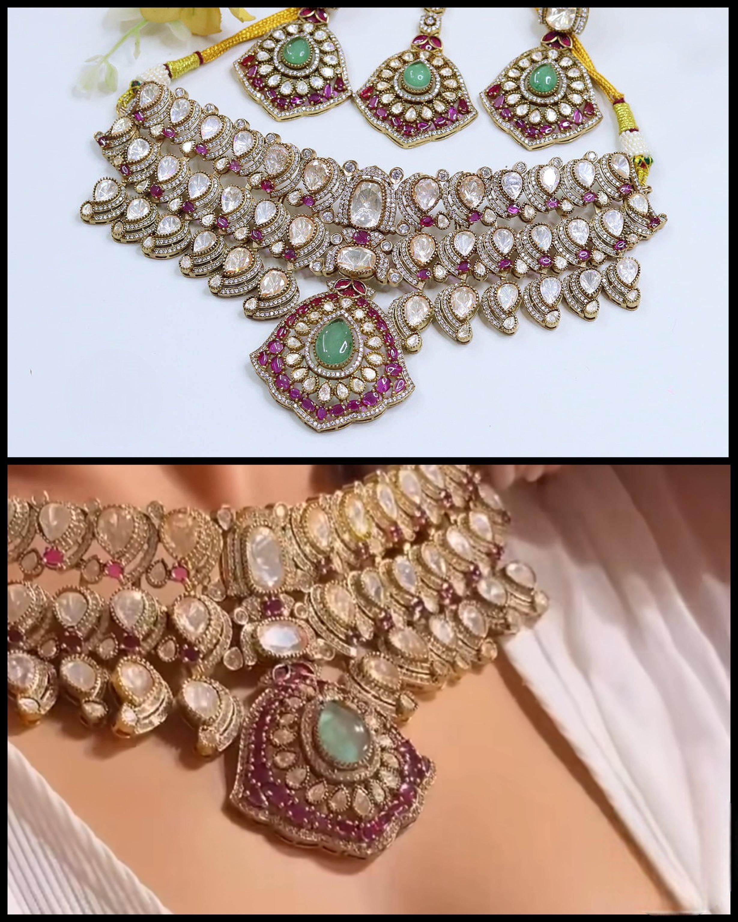 Bridal Moissanite Kundan Choker Set – Royal Indian Jewellery, Kundan Necklace with Maangtika & Earring Set, Elegant Bridal Indian Jewellery
