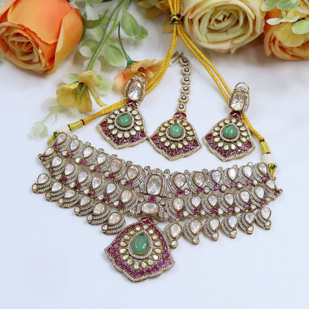 Bridal Moissanite Kundan Choker Set – Royal Indian Jewellery, Kundan Necklace with Maangtika & Earring Set, Elegant Bridal Indian Jewellery