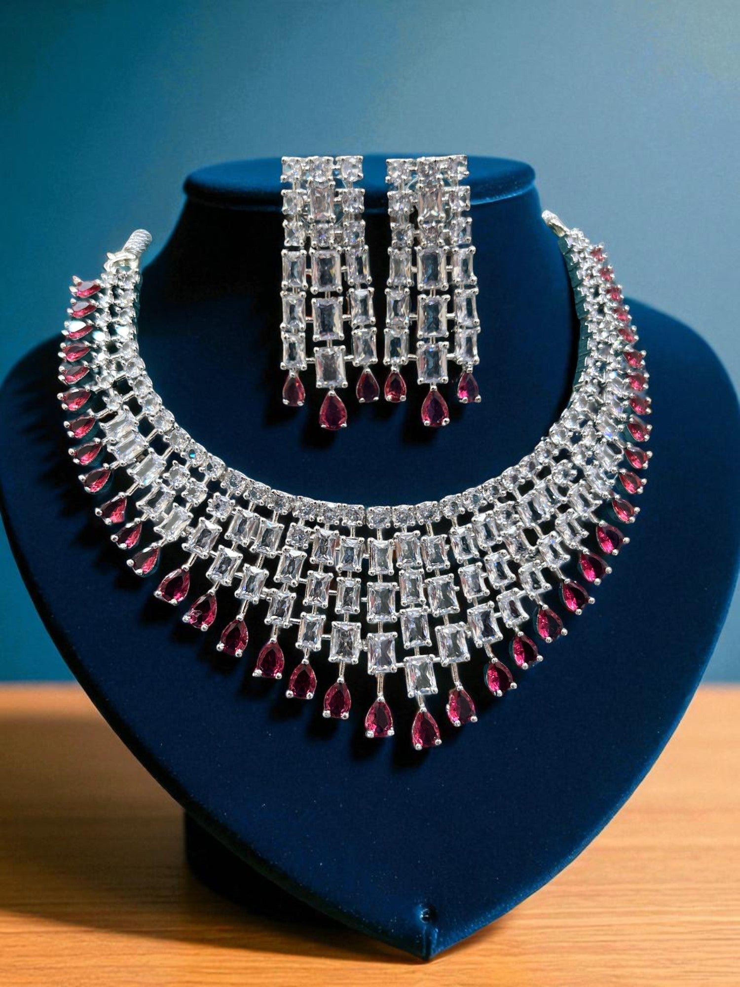 Luxury CZ Stone Bridal Necklace Set with Long Drop Earrings – Silver Finish