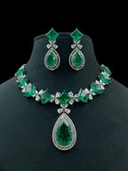 Bridal Emerald Necklace Set with American Diamonds, Statement Indian Necklace Set with Earrings, Indian Bridal Jewellery for Wedding & Party Wear