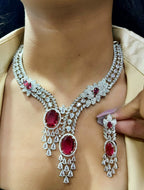 Diamond-Cut Dual Stone Bridal Jewellery Set | Silver American Diamond Indian Necklace & Earring Set | Elegant Indian Jewellery for Wedding & Party Wear