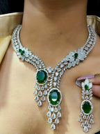 Diamond-Cut Dual Stone Bridal Jewellery Set | Silver American Diamond Indian Necklace & Earring Set | Elegant Indian Jewellery for Wedding & Party Wear
