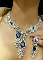 Diamond-Cut Dual Stone Bridal Jewellery Set | Silver American Diamond Indian Necklace & Earring Set | Elegant Indian Jewellery for Wedding & Party Wear