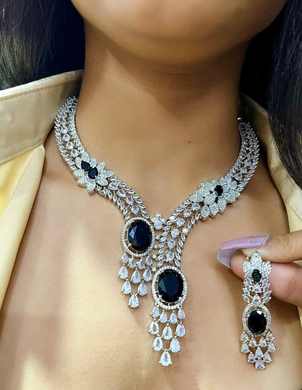 Diamond-Cut Dual Stone Bridal Jewellery Set | Silver American Diamond Indian Necklace & Earring Set | Elegant Indian Jewellery for Wedding & Party Wear