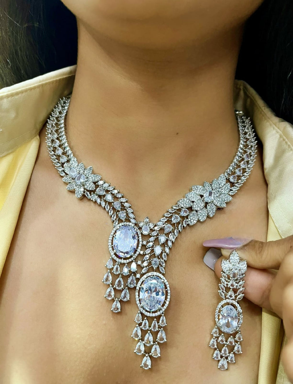Diamond-Cut Dual Stone Bridal Jewellery Set | Silver American Diamond Indian Necklace & Earring Set | Elegant Indian Jewellery for Wedding & Party Wear