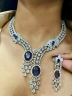 Diamond-Cut Dual Stone Bridal Jewellery Set | Silver American Diamond Indian Necklace & Earring Set | Elegant Indian Jewellery for Wedding & Party Wear