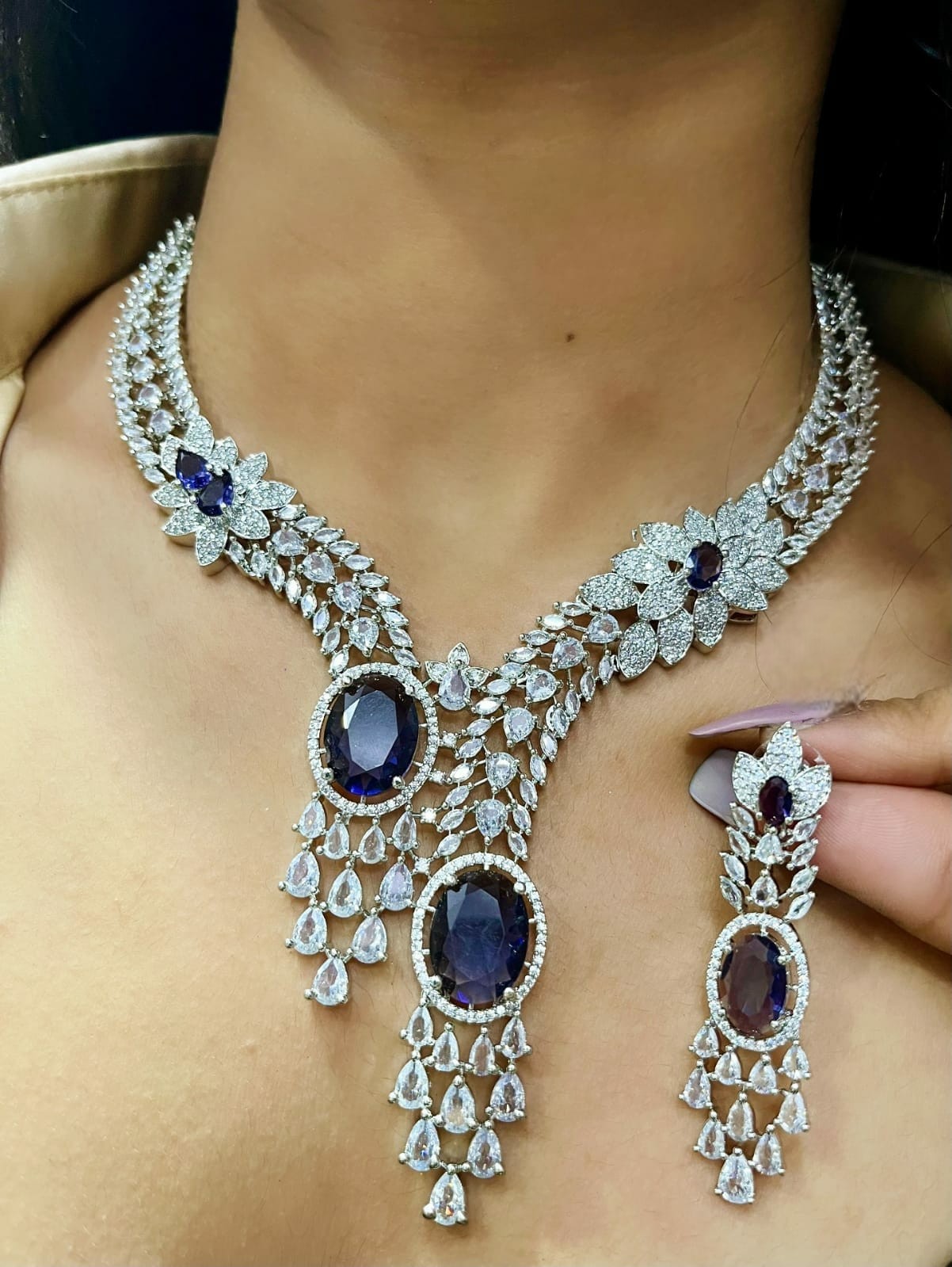Diamond-Cut Dual Stone Bridal Jewellery Set | Silver American Diamond Indian Necklace & Earring Set | Elegant Indian Jewellery for Wedding & Party Wear