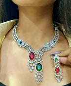 Diamond-Cut Dual Stone Bridal Jewellery Set | Silver American Diamond Indian Necklace & Earring Set | Elegant Indian Jewellery for Wedding & Party Wear