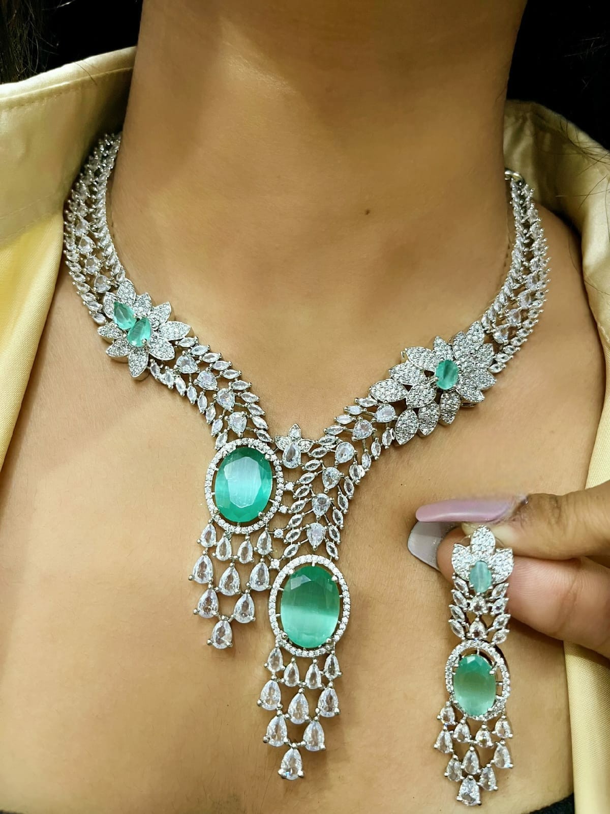 Diamond-Cut Dual Stone Bridal Jewellery Set | Silver American Diamond Indian Necklace & Earring Set | Elegant Indian Jewellery for Wedding & Party Wear