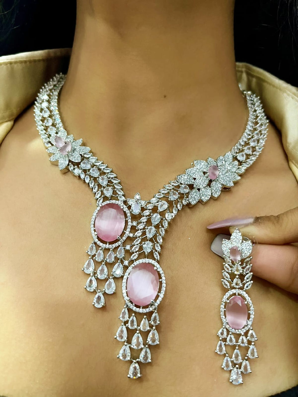 Diamond-Cut Dual Stone Bridal Jewellery Set | Silver American Diamond Indian Necklace & Earring Set | Elegant Indian Jewellery for Wedding & Party Wear
