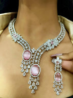 Diamond-Cut Dual Stone Bridal Jewellery Set | Silver American Diamond Indian Necklace & Earring Set | Elegant Indian Jewellery for Wedding & Party Wear
