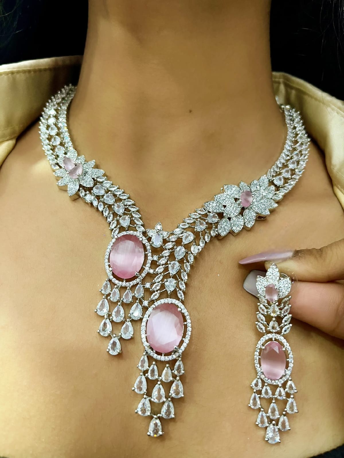 Diamond-Cut Dual Stone Bridal Jewellery Set | Silver American Diamond Indian Necklace & Earring Set | Elegant Indian Jewellery for Wedding & Party Wear