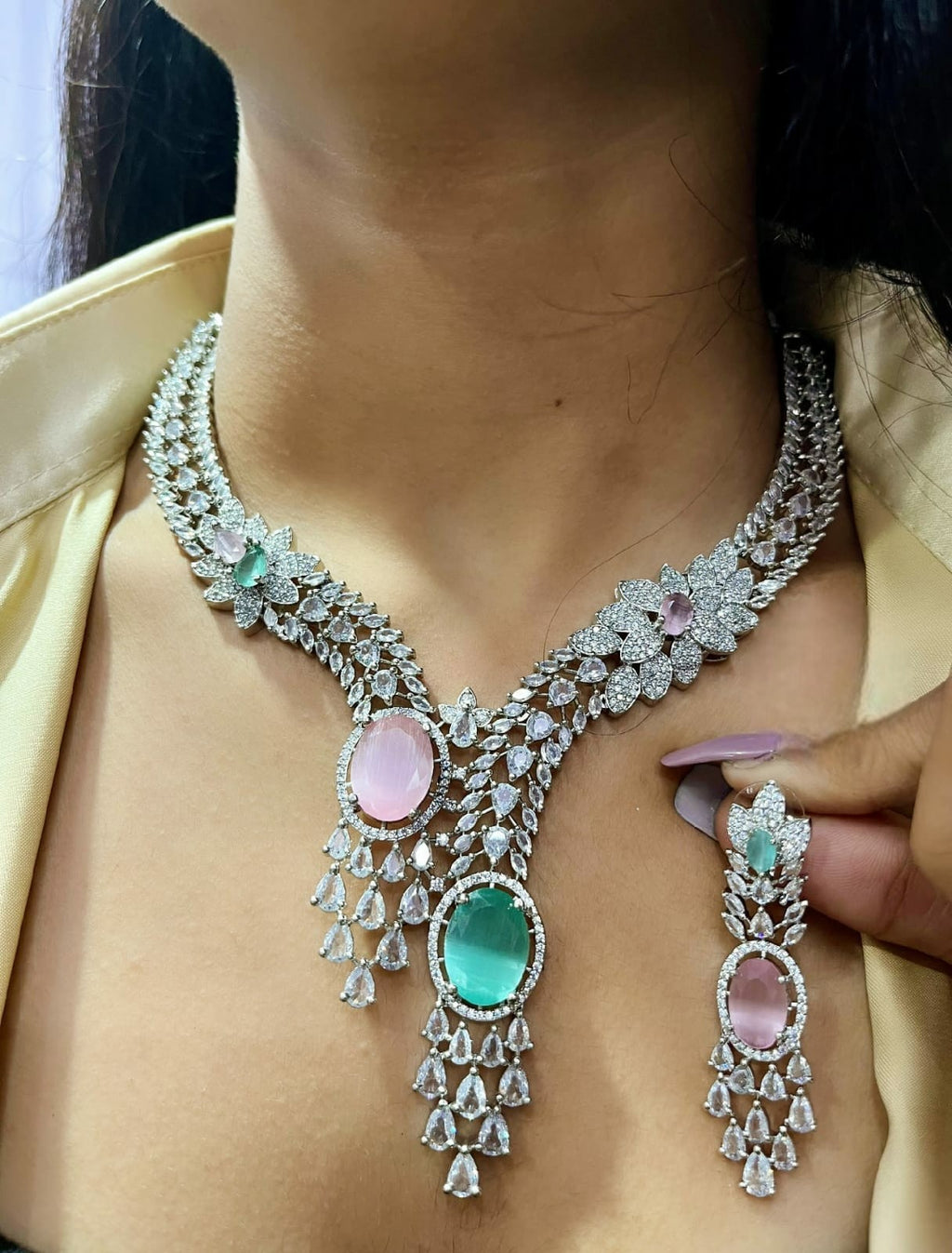 Diamond-Cut Dual Stone Bridal Jewellery Set | Silver American Diamond Indian Necklace & Earring Set | Elegant Indian Jewellery for Wedding & Party Wear